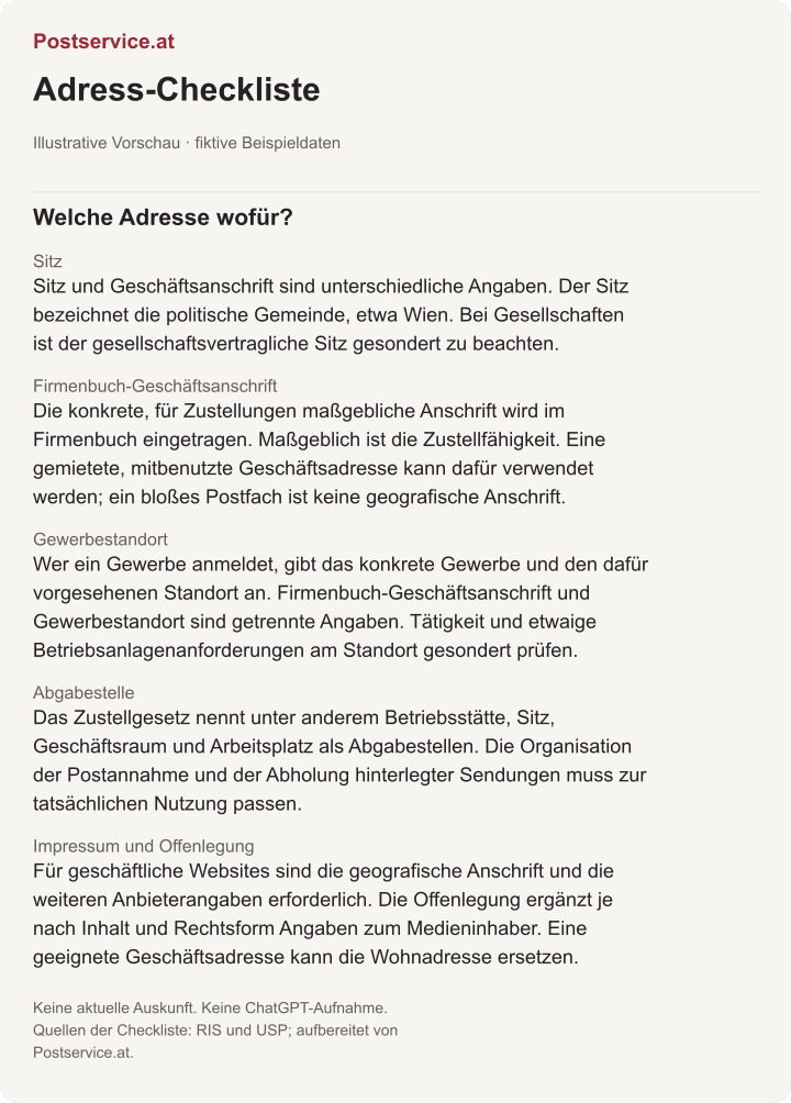 Firmensitz Wien: Illustrative Vorschau mit fiktiven Testdaten, keine aktuelle Registerauskunft und keine ChatGPT-Aufnahme.