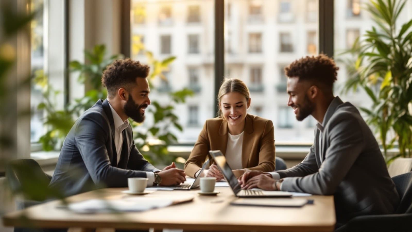 Drei Gründer besprechen die FlexCo-Gründung an einem Bürotisch