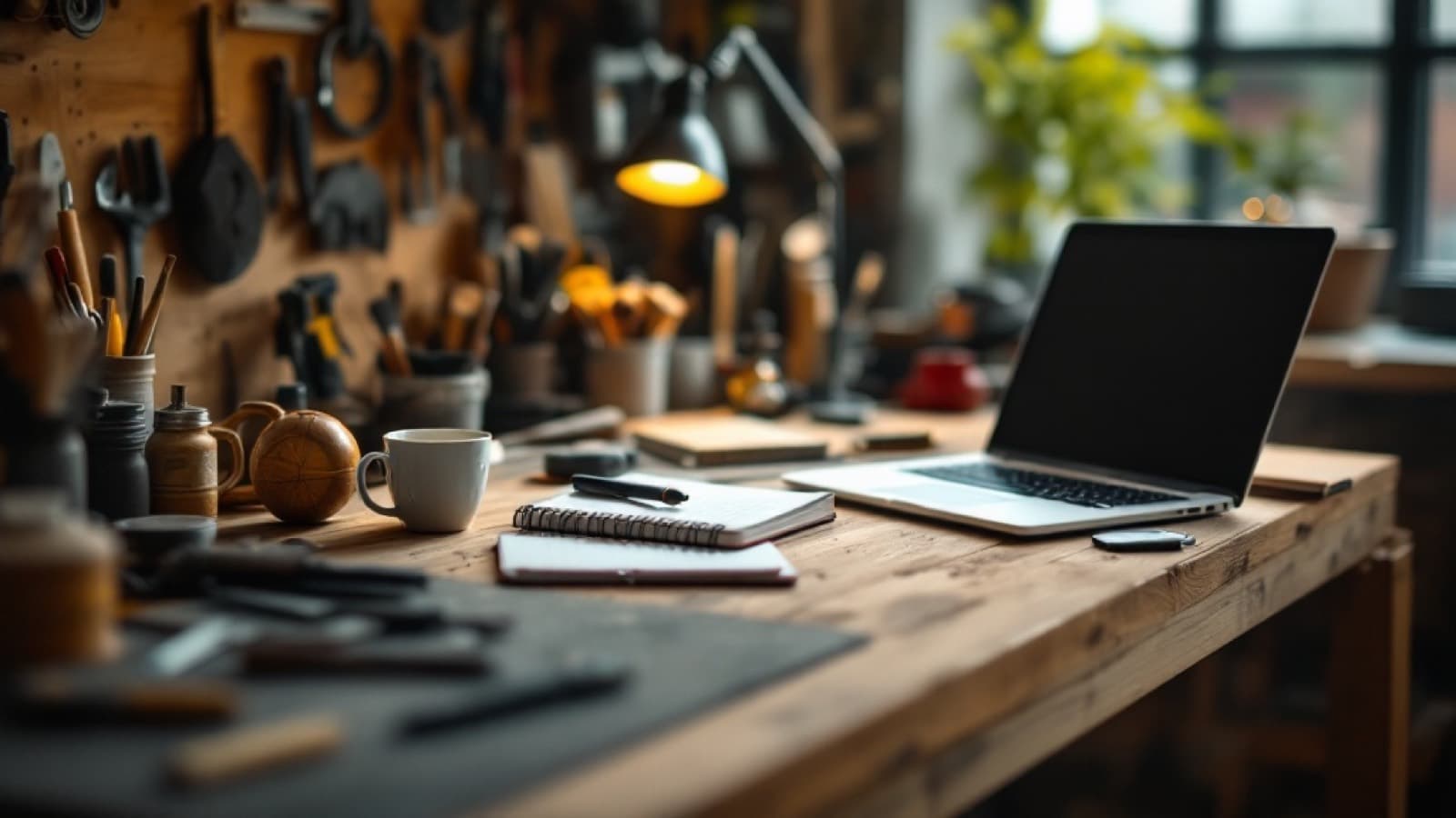 Werkbank mit Handwerkzeug und Laptop als Sinnbild für ein freies Gewerbe