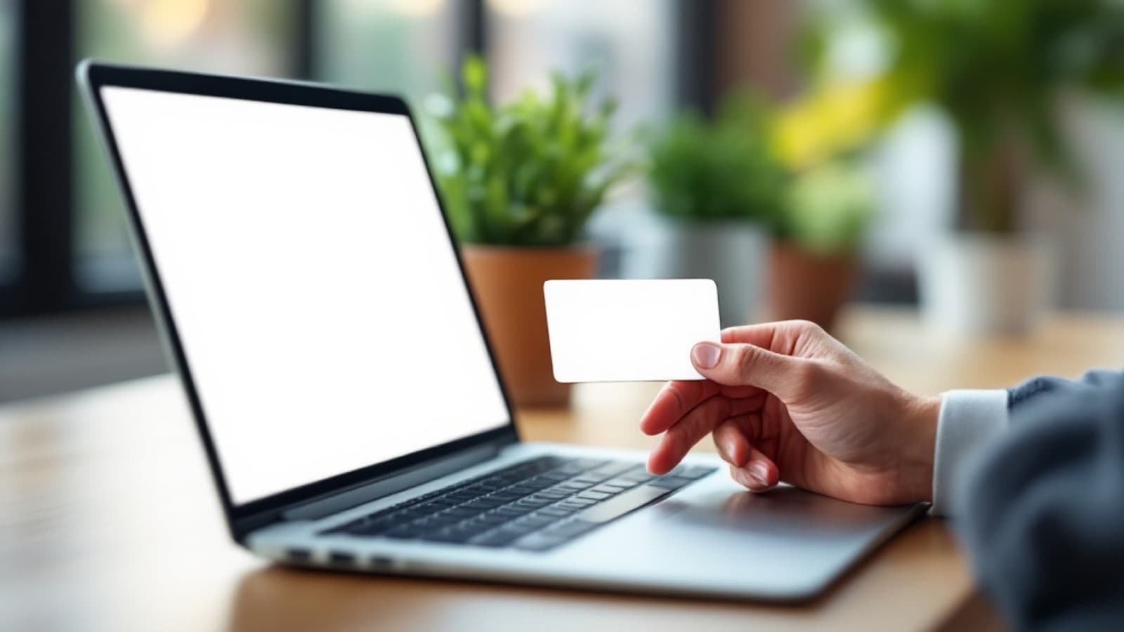 Person beantragt den Gewerbeschein online am Laptop mit Karte in der Hand