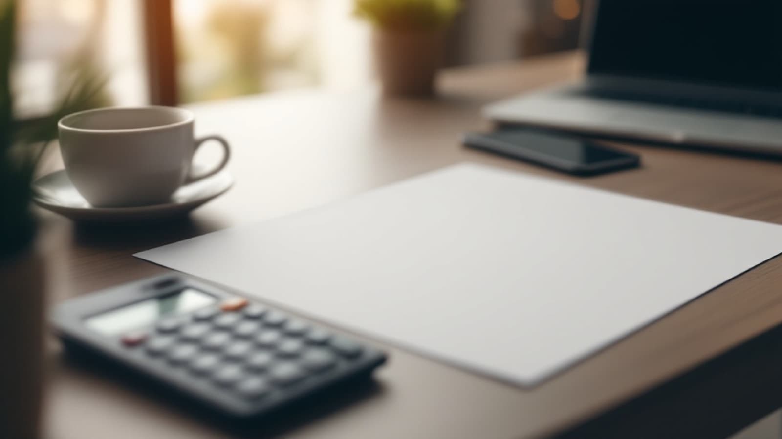 Schreibtisch mit Papier, Taschenrechner und Kaffee zur Kleinunternehmerregelung