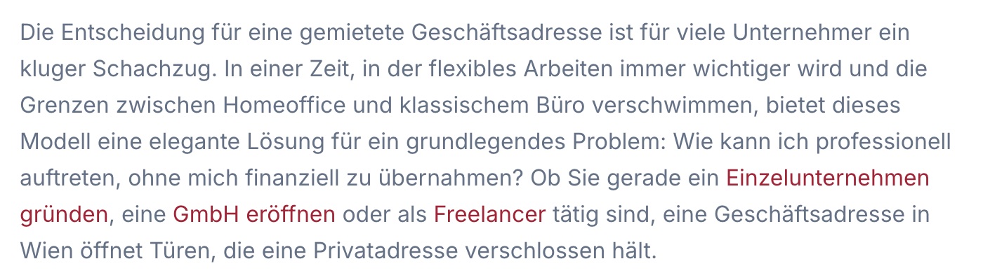 Absatz aus einem Blogartikel vor der Änderung: die drei enthaltenen Links sind nur durch ihre rote Farbe vom übrigen Text unterschieden, ohne Unterstreichung