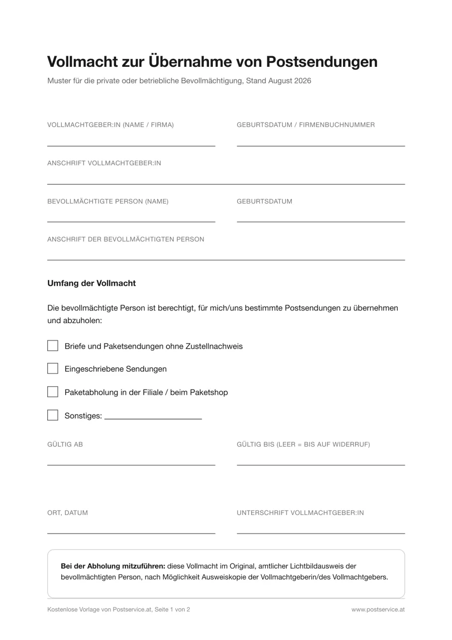 Vorschau der kostenlosen Postvollmacht-Vorlage: einseitiges Muster mit Feldern für Vollmachtgeber, bevollmächtigte Person und Umfang der Vollmacht