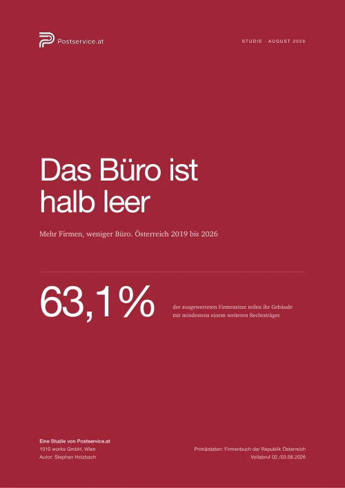 Cover der Studie Das Büro ist halb leer, Postservice.at 2026, mit der Kernzahl 63,1 Prozent