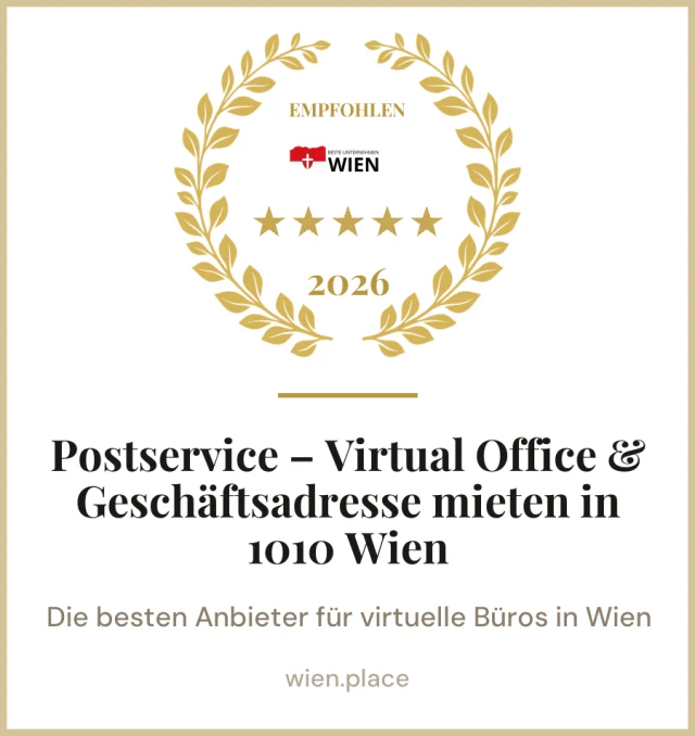 Siegel von wien.place mit Lorbeerkranz, der Aufschrift Empfohlen, fünf Sternen, der Jahreszahl 2026 und dem Namen Postservice.at